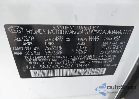 2019 Hyundai Santa Fe Se from USA, damaged, VIN 5NMS2CAD2KH116731
